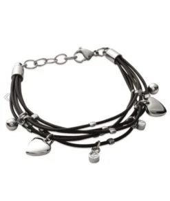 Bracelet 6 Fils Cuir Coeurs Acier