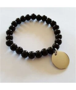 Bracelet Onyx Noir Et Médaille Ou Coeur Gravé
