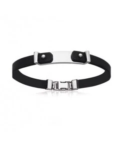 Bracelet Cuir Noir Et Acier à Graver 21 Cm