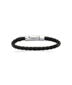 Bracelet Pierre Cuir Noir Et Acier