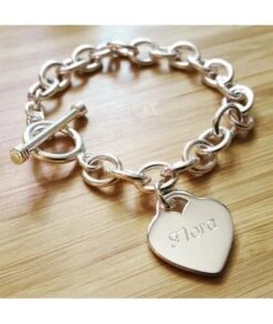 Bracelet Epais Coeur Gravé En Argent Massif Avec Gravure