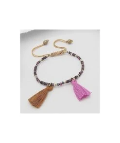 Bracelet Perles Et Pompons Rose Et Marron