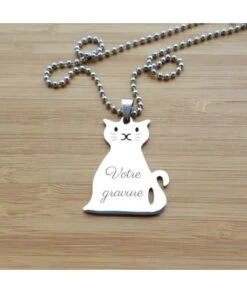 Collier "Minou" Chat Chaton Chaîne Boule 50 Cm En Acier Inoxydable Avec Gravure