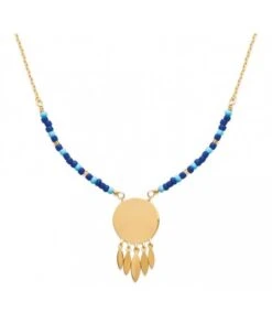 Collier Nuances De Bleu Avec Médaille à Graver Et Feuilles En Plaqué Or Jaune