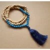 Collier Sautoir Perles En Bois Et Pierre Gemme Turquoise Et Grand Pompon