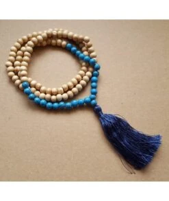 Collier Sautoir Perles En Bois Et Pierre Gemme Turquoise Et Grand Pompon