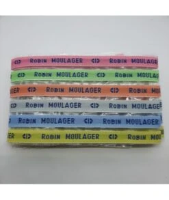 Étiquettes Tissées à Coudre • Fond Multicolore / Texte Bleu • Marquage Vêtement Nom Prénom • Bracelets Message