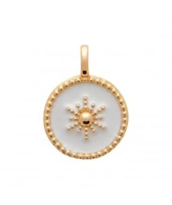 Pendentif Médaille 14 Mm Soleil Blanc émaillé En Plaqué Or à Graver Avec Ou Sans Gravure
