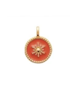 Pendentif Médaille 14 Mm Soleil Corail émaillé En Plaqué Or à Graver Avec Ou Sans Gravure