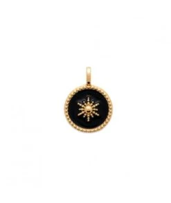 Pendentif Médaille 14 Mm Soleil Noir émaillé En Plaqué Or à Graver Avec Ou Sans Gravure