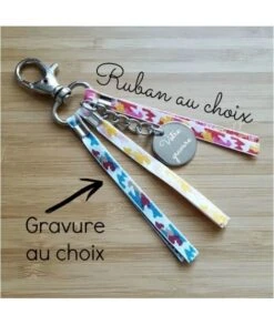 Porte Clé Médaille Ronde Acier Gravé Et 3 Rubans