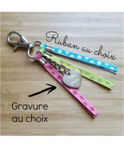 Porte Clé Coeur Acier Gravé Et 3 Rubans